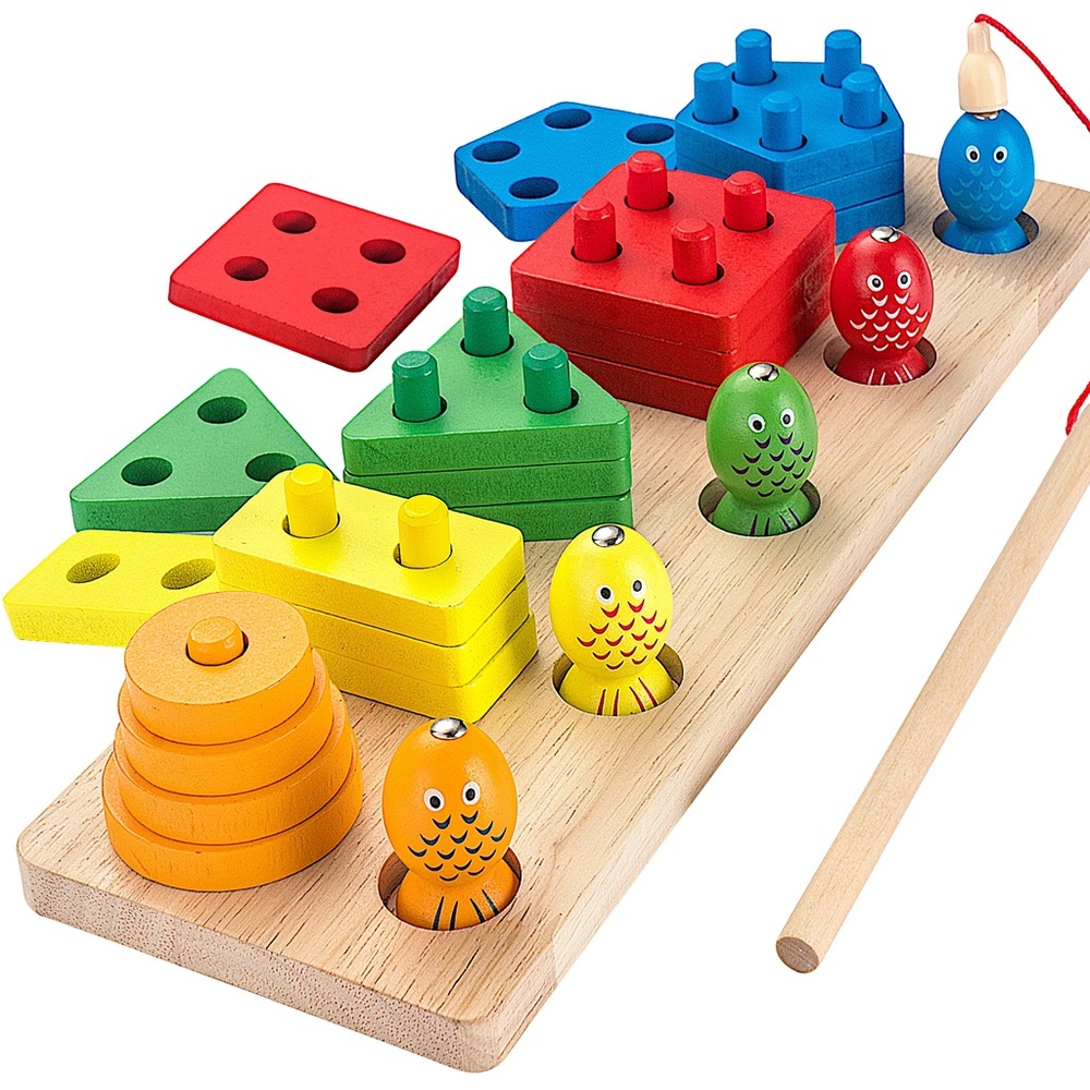 Montessori Colorful Wooden Shape Sorting Toy with Magnetic Fishing (2 in 1 toy)